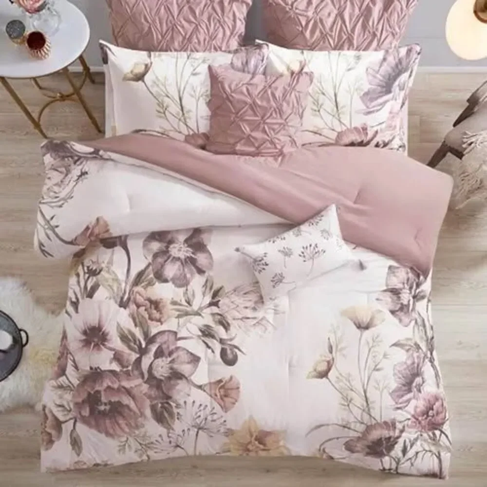8 Pieces QUEEN Comforter Set Madison Park Pink White Floral NEW
